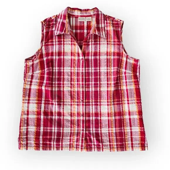 Y2K St Johns Bay Red Orange White Plaid Sleeveless Button Down Top Cotton 2X - Picture 1 of 8